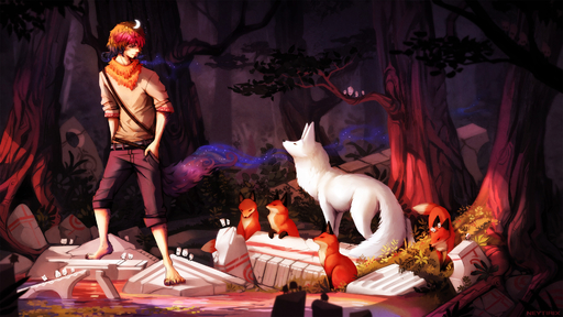 16:9 2018 ambiguous_gender barefoot canid canine detailed_background digital_media_(artwork) feet feral forest fox fur group hi_res human male mammal neytirix orange_body orange_fur paws plant tree water white_body white_fur widescreen // 1920x1080 // 532KB