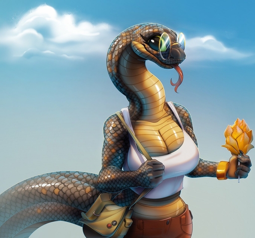 anthro big_breasts bottomwear breasts cleavage clothed clothing cloud eyewear female fivel food forked_tongue fruit glasses hi_res holding_food holding_object long_neck looking_at_viewer mango_(fruit) non-mammal_breasts outside pants plant purse reptile scales scalie shirt sky smile snake solo tank_top tongue tongue_out topwear // 1372x1280 // 195.1KB