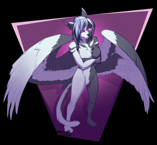 2019 alishka alpha_channel anthro black_nose breasts digital_media_(artwork) feathered_wings feathers felid feline female hair hybrid mammal nude simple_background solo standing transparent_background wings // 1280x1186 // 507KB