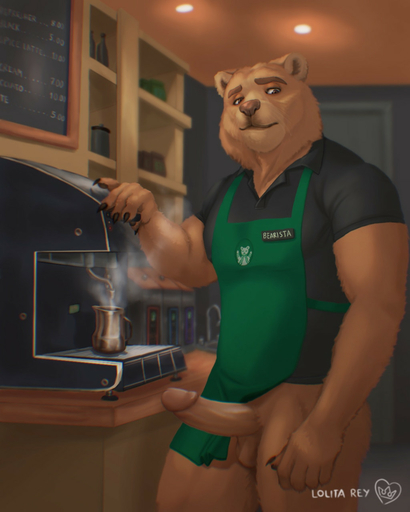 4:5 5_fingers anthro apron balls barista beverage biceps bottomless brown_body brown_eyes brown_fur circumcised clothed clothing coffee coffee_shop english_text erection fingers fur genitals hi_res humor inside lolitarey male mammal muscular muscular_anthro muscular_male pantsless pecs penis polo_shirt public public_nudity pun shirt solo standing steam text topwear ursid visual_pun // 1024x1280 // 156.2KB