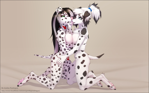 2016 anthro black_border blue_eyes border breast_squish breasts breasts_frottage canid canine canis chest_tuft claws collar dalmatian detailed digital_media_(artwork) domestic_dog duo eye_contact female femalefemale french_kissing fur gorsha_pendragon green_eyes hair half-closed_eyes hand_behind_back hand_on_hip hi_res kara_resch kissing kneeling long_hair looking_at_another mammal multi_nipple nadine_(dalmatiannadine) narrowed_eyes nipples nude pawpads ponytail presenting side_boob simple_background spots spotted_body spotted_fur squish text toe_claws tuft url watermark // 3194x2001 // 3.8MB