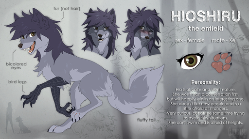 2018 4_toes anisodactyl black_nose blush canid canine canis claws digital_media_(artwork) enfield english_text feet female feral fur grey_body grey_fur grey_nose hair hioshiru hioshiru_(character) mammal model_sheet one_eye_closed open_mouth pawpads paws purple_hair scales smile solo talons teeth text toes tongue // 1500x841 // 1.4MB