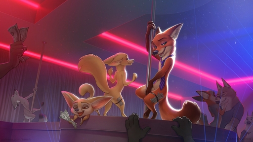 2019 4_fingers animal_genitalia anthro arctic_fox arctic_fox_masseuse_(zootopia) black_nose brown_eyes canid canine canis covering covering_crotch crowd dancing digital_media_(artwork) disney fennec fingers finnick fox fully_sheathed fur gary_(zootopia) genitals group hi_res holding_money holding_object larry_(zootopia) male mammal money necktie nick_wilde nude open_mouth open_smile orange_body orange_fur pole pole_dancing sheath size_difference skye_(zootopia) smile strip_club stripper stripper_pole tan_body tan_fur teeth tipping tongue vulpes wolf zaush zootopia // 1700x956 // 173.7KB