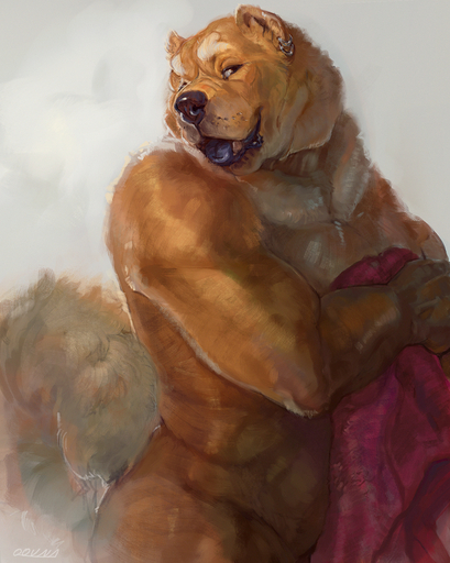 2016 anthro biceps biped black_nose blue_tongue brown_body brown_ears brown_face brown_fur brown_hands brown_tail canid canine canis chow_chow conditional_dnp digital_media_(artwork) digital_painting_(artwork) domestic_dog ear_piercing ear_ring fluffy fluffy_tail fur half-length_portrait holding_object holding_towel looking_at_viewer male mammal monotone_body monotone_ears monotone_face monotone_fur monotone_hands monotone_nose monotone_tail monotone_tongue musclegut muscular muscular_anthro muscular_male nude oouna open_mouth open_smile pecs piercing portrait signature simple_background smile snout solo spitz standing tongue towel // 900x1126 // 775.8KB