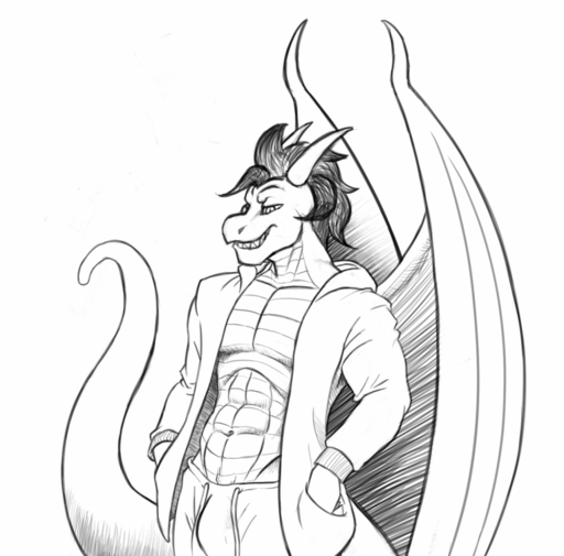 anthro bat_wings bisc bison_black bulge clothed clothing dragon hair hi_res male membrane_(anatomy) membranous_wings monochrome navel open_clothing open_shirt open_topwear scales shirt solo topwear wings // 1280x1262 // 354KB