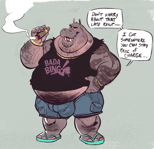 2019 <3 anthro belly body_hair bottomwear bracelet bulge cigar clothing common_hippopotamus dramamine english_text facial_hair footwear gold_(metal) gold_jewelry gold_necklace gold_tooth hi_res hippopotamid jewelry male mammal necklace overweight overweight_anthro overweight_male ring sandals shirt shorts smoke solo speech_bubble standing stomach_hair tank_top tattoo text tight_clothing topwear // 1872x1810 // 305.4KB