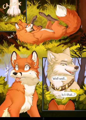 4_toes black_nose blep blue_eyes bodily_fluids canid canine canis cheek_tuft chest_tuft claws collar comic countershade_fur countershade_torso countershading dialogue digital_media_(artwork) dipstick_ears dipstick_tail domestic_dog duo english_text facial_tuft feet female feral fluffy fluffy_tail forest fox fur genital_fluids gloves_(marking) green_eyes hi_res hioshiru inner_ear_fluff leg_markings lying mammal markings multicolored_ears multicolored_tail on_back open_mouth orange_body orange_fur outside pawpads paws pink_pawpads plant pussy_juice pussy_juice_on_paw pussy_juice_on_tail socks_(marking) sound_effects tail_markings tan_body tan_fur text toe_claws toes tongue tongue_out tree tuft wet_tail white_body white_countershading white_fur // 1068x1500 // 1.9MB
