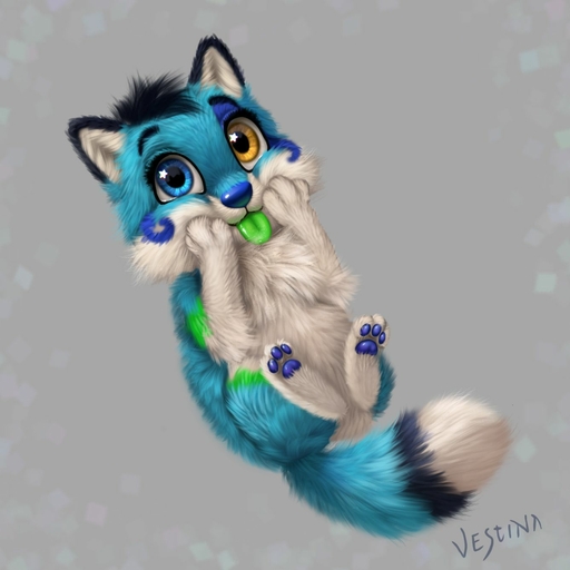 1:1 blue_body blue_fur canid canine chibi feral fluffy fluffy_tail fox fur hi_res male mammal pawpads paws solo stormithefolf tongue tongue_out vestina // 1338x1338 // 109.0KB