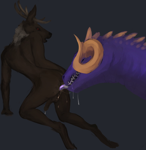 2017 anal anthro anthro_on_feral antlers backsack balls bestiality black_background bodily_fluids brown_balls brown_body brown_fur brown_penis brown_skin butt cervid cervine curved_horn digital_media_(artwork) dradmon dragon dripping drooling duo elk erection feral fur gavin_(dradmon) genital_fluids hi_res horn interspecies larger_male looking_back male malemale male_on_feral mammal neck_tuft nude open_mouth oral penis precum purple_body purple_skin red_eyes rimming saliva saliva_string scalie sex sharp_teeth simple_background size_difference smaller_male spikes teeth tongue tongue_out tuft wingless_dragon zuul_(ulfhednar) // 1601x1647 // 799.2KB
