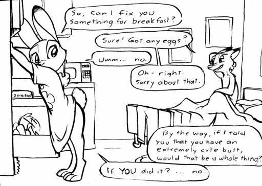 anthro bed black_and_white bottomless canid canine clothed clothing comic dialogue disney duo english_text eric_schwartz female food fox fridge furniture hand_behind_head judy_hopps lagomorph leporid line_art looking_back male mammal monochrome morning_after nick_wilde nude on_bed oversized_shirt partially_clothed rabbit rubbing_head side_view sitting speech_bubble standing text under_covers zootopia // 1056x750 // 154.9KB