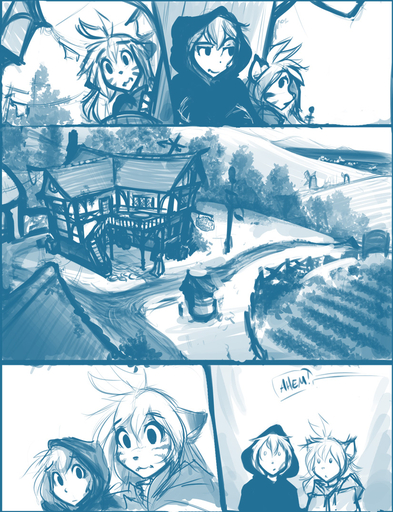 2015 anthro building cloak clothing comic conditional_dnp duo felid female flora_(twokinds) forest fur hair human keidran male mammal monochrome outside pantherine plant sketch tavern tiger tom_fischbach trace_legacy tree twokinds webcomic webcomic_character well // 825x1075 // 481.6KB