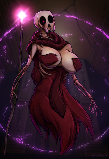 absurd_res big_breasts bone breasts clothed clothing dress fangs female hi_res huge_breasts keadonger magic magic_user not_furry red_clothing red_eyes ribs skeleton skull solo staff stevaria undead // 2450x3556 // 2.6MB