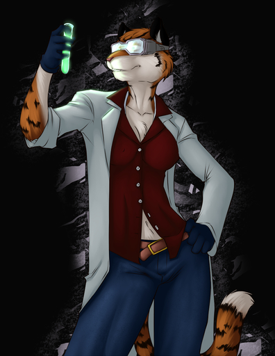 anthro biped black_background chest_tuft clothing coat eyewear faint felid female fur gloves glowing goggles hand_on_hip handwear lab_coat laboratory_equipment laboratory_glassware mammal pantherine science scientific_instrument scientist simple_background solo standing stripes test_tube tiger topwear tuft unbuttoned // 800x1035 // 623.8KB