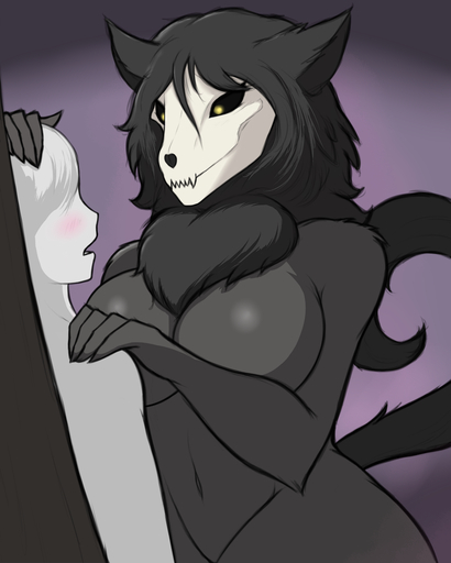 2021 5_fingers against_wall anon anthro big_breasts black_body black_fur black_hair black_tail blush bone breasts canid canine chest_tuft dominant dominant_female duo ear_tuft elbow_tufts eye_contact faceless_human faceless_male female fingers fur hair hand_on_head hand_on_shoulder hi_res human kierus larger_female looking_at_another male malefemale malo mammal monster navel neck_tuft nude open_mouth purple_background raised_tail scp-1471 scp-1471-a scp_foundation shoulder_tuft simple_background size_difference skull smaller_male standing tail_tuft tuft white_body wide_hips yellow_eyes // 1080x1350 // 619.7KB