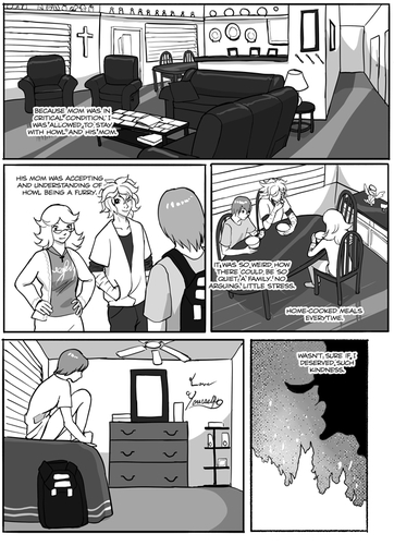 bed bedroom black_and_white bottomwear chair clothing comic dresser english_text eyewear female fire furniture glasses grimart howl_(grimart) humanoid jacket kitchen lamp leto_(grimart) male monochrome not_furry pants recliner self_harm shirt sitting sofa table text topwear // 620x877 // 332.0KB