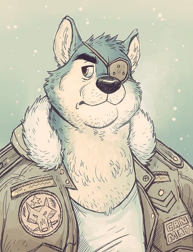 anthro bust_portrait canid canine canis clothed clothing dramamine eye_patch eyewear jacket looking_away male mammal portrait simple_background snow solo topwear wolf // 492x640 // 127.0KB