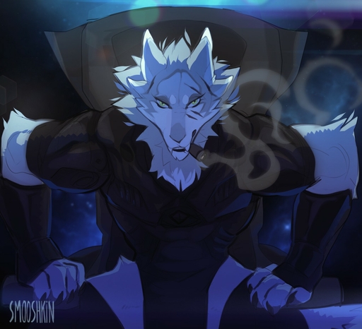 5_fingers anthro canid canine canis chair cigar clothed clothing digital_media_(artwork) fingers fur furniture looking_at_viewer male mammal open_mouth scar simple_background sitting smoke smoking smooshkin solo teeth wolf // 1280x1166 // 160KB