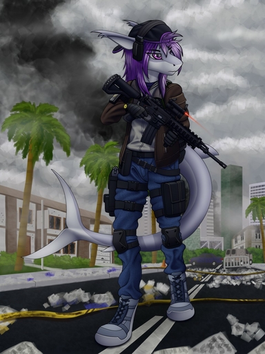 2018 3:4 5_fingers anthro clothed clothing day detailed_background digital_media_(artwork) female fin fingers fish gloves gun hair handwear hi_res holding_gun holding_object holding_weapon marine outside purple_eyes purple_hair ranged_weapon shark sky solo tales_foxdale weapon // 960x1280 // 213.4KB
