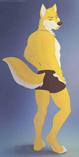 2015 anthro biped black_clothing black_underwear blue_background blue_eyes boxer_briefs brown_nose canid canine canis clothed clothing domestic_dog fur gradient_background hands_on_hips jewelry looking_at_viewer looking_back looking_back_at_viewer lunalei male mammal multicolored_body multicolored_fur necklace pose rear_view simple_background smile solo standing topless two_tone_body two_tone_fur underwear white_body white_fur yellow_body yellow_fur // 504x1000 // 436.0KB
