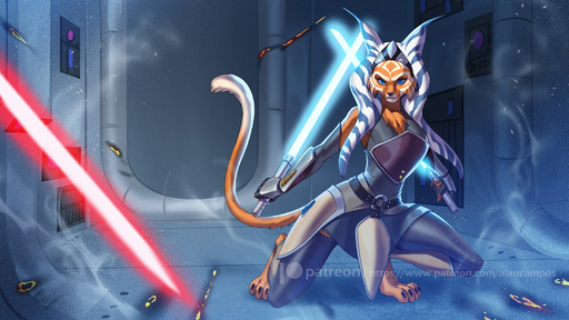 2020 4_toes ahsoka_tano alanscampos alternate_species anthro barefoot blue_eyes blue_lightsaber claws clothed clothing digital_media_(artwork) digitigrade dual_wielding feet felid feline female furrification hi_res holding_object holding_weapon horn lekku_(anatomy) lightsaber mammal melee_weapon red_lightsaber reverse_grip solo text toes url weapon // 2200x1238 // 1.1MB
