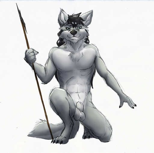 2017 abs animal_genitalia anthro athletic athletic_anthro athletic_male balls black_hair black_nose canid canine canis digital_media_(artwork) fully_sheathed fur genitals grey_body grey_fur hair hi_res holding_object holding_spear holding_weapon kneeling long_hair looking_at_viewer maku_(masterofwolves99) male mammal melee_weapon navel nude on_one_knee pecs pinup polearm pose sheath smile solo spear umpherio warrior weapon wolf // 1280x1270 // 200.7KB