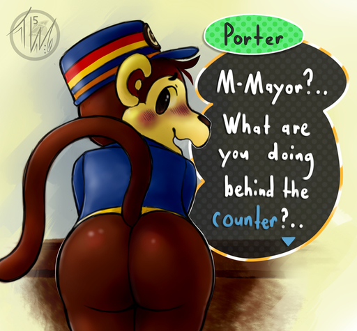 2015 animal_crossing bent_over bitfly blush bottomless brown_body brown_eyes brown_fur bubble_butt butt butt_focus butt_pose clothed clothing dialogue digital_media_(artwork) english_text fur haplorhine hat headgear headwear leaning leaning_forward looking_at_viewer looking_back male mammal monkey nintendo porter_(animal_crossing) portrait pose presenting presenting_hindquarters primate raised_tail rear_view shirt solo standing talking_to_viewer text three-quarter_portrait topwear video_games // 750x696 // 463.8KB