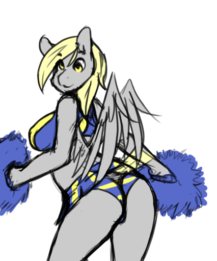 2013 anthro anthrofied avante92 biped blonde_hair bottomwear butt cheerleader clothing derp_eyes derpy_hooves_(mlp) equid equine feathered_wings feathers female grey_body grey_feathers hair hi_res horse looking_at_viewer looking_back mammal miniskirt panties pegasus pom_poms shirt simple_background skirt solo standing topwear underwear white_background wings yellow_eyes // 1164x1400 // 683.3KB