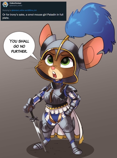absurd_res anthro armor dialogue english_text eyebrows female green_eyes hand_on_hip headgear helmet hi_res mammal melee_weapon mouse murid murine notched_ear open_mouth paladin rodent siroc solo speech_bubble sword text weapon whiskers // 2808x3780 // 609.6KB