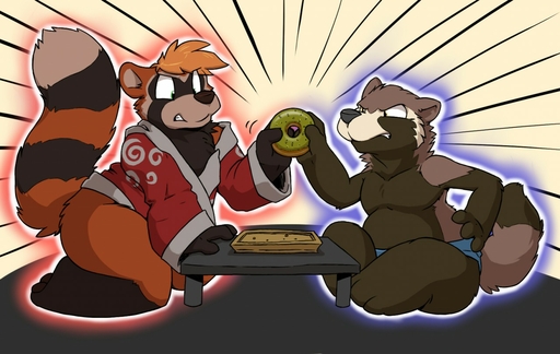ailurid anthro asian_clothing bottomless canid canine clothed clothing dessert doughnut duo east_asian_clothing fight food fundoshi furniture hybrid itsuki_(housepets!) japanese_clothing kimono male mammal nogitsunegabriel overweight overweight_male raccoon_dog red_panda rick_griffin snarling table tanuki topless underwear webcomic webcomic_character zoom_lines // 1280x810 // 178.5KB