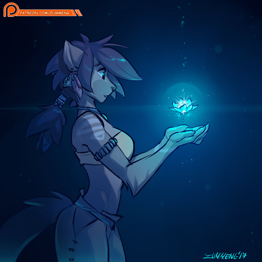 1:1 2017 5_fingers absurd_res anthro blue_theme bracelet breasts brown_hair clothed clothing domestic_cat english_text felid feline felis female fingers fur hair hi_res jewelry magic mammal miralle patreon_logo patreon_username ponytail solo standing tan_body tan_fur text url zummeng // 3000x3000 // 2.3MB