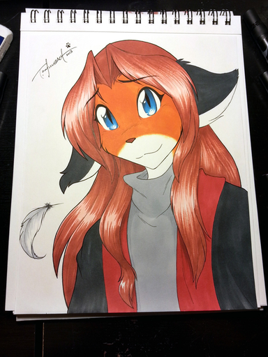 3:4 anthro basitin black_body black_fur blue_eyes brown_hair canid canine clothed clothing conditional_dnp feathers female fox fur hair hi_res keidran laura_(twokinds) mammal orange_body orange_fur shirt solo tom_fischbach topwear twokinds webcomic webcomic_character white_body white_fur // 900x1200 // 347.5KB