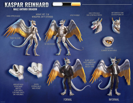 absurd_res animal_genitalia anthro anus balls clothed clothing dragon english_text erection fully_sheathed fur furred_dragon genitals hi_res kaspar_(character) knot male model_sheet nude penis red-izak sheath solo text wings // 4000x3084 // 3.6MB