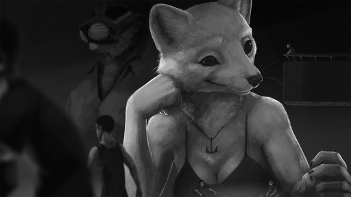 16:9 2020 anthro arm_support breasts canid canine cleavage clothed clothing felid female fox fur greyscale group human ipoke jewelry leaning_on_elbow light lighting macro mammal monochrome necklace smile whiskers widescreen // 1200x675 // 314.7KB