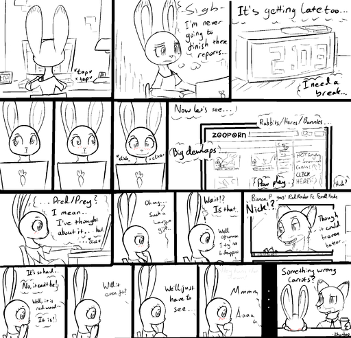 2016 alarm_clock anthro blush canid canine carrot chair clock clothed clothing comic computer container cup desk dialogue duo english_text exclamation_point female food fox frown furniture half-closed_eyes hi_res humor inside judy_hopps lagomorph lamp leporid looking_away male mammal monochrome multiple_scenes narrowed_eyes necktie nick_wilde nude parody plant pornography pun rabbit sitting smile sound_effects surprise table text thought_bubble typing vegetable zhanbow // 2132x2047 // 212.5KB