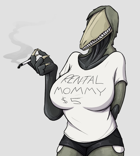 2019 absurd_res anthro big_breasts bottomwear breasts cigarette clothed clothing digital_media_(artwork) english_text female grin hand_behind_back hi_res keadonger lizard meme meme_clothing non-mammal_breasts rental_mommy rental_mommy_shirt reptile scalie scp-682 scp_foundation shirt shorts simple_background smile solo t-shirt teeth text text_on_clothing text_on_shirt text_on_topwear topwear white_background // 3145x3508 // 1.8MB