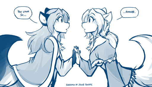 2021 7:4 anthro arctic_fox black_tipped_ears blue_and_white canid canine clothed clothing coat conditional_dnp curled_tail dialogue dipstick_tail duo english_text face_to_face female fox hair hand_holding hi_res keidran laura_(twokinds) long_hair mammal monochrome multicolored_tail side_view simple_background sketch stare staring_into_eyes text tom_fischbach topwear twokinds vulpes webcomic white_background // 2240x1280 // 899.4KB