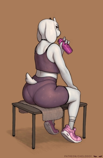 2022 4_fingers anthro big_butt biped boss_monster bottle bovid breasts brown_background butt caprine chelodoy claws clothing digital_media_(artwork) female finger_claws fingers footwear fur goat hi_res horn looking_back mammal shoes simple_background sitting sneakers socks solo sportswear under_boob video_games white_body white_fur // 844x1300 // 78.5KB