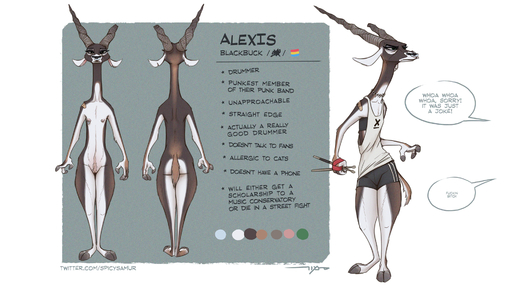 16:9 2020 alexis_(samur_shalem) antelope anthro areola band-aid bandage barefoot blackbuck bovid broken_horn brown_body brown_fur choker clothed clothing color_swatch countershade_torso countershading dialogue drumstick_(musical) english_text facial_piercing feet female fur genitals half-closed_eyes hand_wraps hi_res holding_object horn jewelry lgbt_pride mammal model_sheet narrowed_eyes necklace nipple_piercing nipple_ring nipples nose_piercing nose_ring notched_ear nude pansexual_pride_colors piercing pride_colors punk pussy samur_shalem septum_piercing shaded shirt signature simple_background soft_shading solo speech_bubble standing straight_edge tank_top text topwear true_antelope unseen_character url white_background white_body white_countershading white_fur widescreen wraps // 1920x1080 // 2.2MB