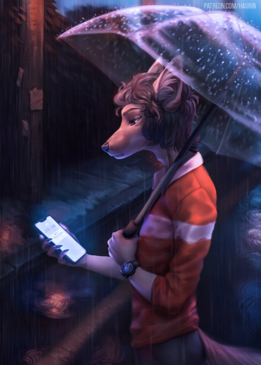 2020 anthro canid canine canis clothed clothing detailed_background digital_media_(artwork) domestic_dog hauringu holding_object male mammal night outside raining solo standing umbrella // 786x1100 // 1.5MB