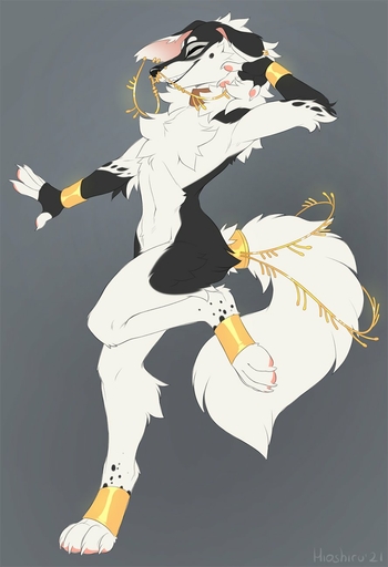 4_toes 5_fingers anthro black_body black_fur black_nose canid canine canis digitigrade domestic_dog eyes_closed feet fingers fur grey_background hi_res hioshiru male mammal simple_background smile solo toes white_body white_fur // 889x1300 // 90KB