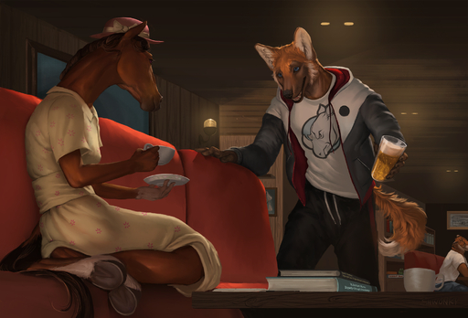 5_fingers anthro black_nose blue_eyes brown_body brown_fur canid canine canis clothed clothing domestic_dog equid equine felid female fingers fur group hi_res hooves horse male mammal open_mouth pantherine shwonky sitting smile teeth tiger tongue // 2000x1361 // 2.4MB