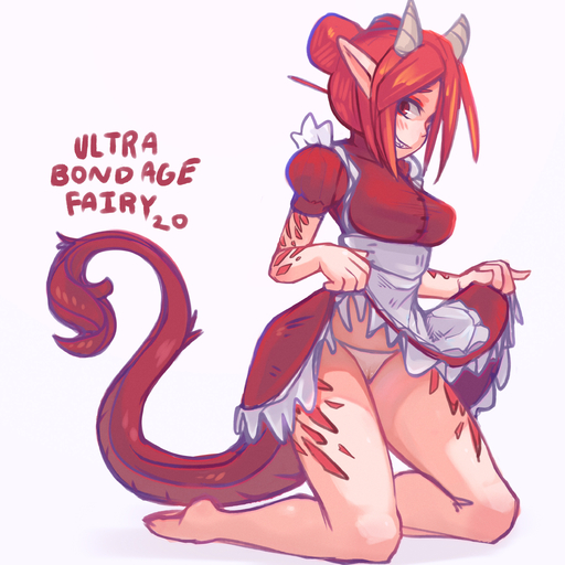 1:1 2020 absurd_res animal_humanoid apron blush breasts camel_toe clothed clothing clothing_lift dragon dragon_humanoid dress dress_lift english_text female hair hair_bun hi_res horn humanoid humanoid_pointy_ears huo_long kneeling red_eyes red_hair simple_background solo text ultrabondagefairy underwear white_background // 2500x2500 // 1.3MB