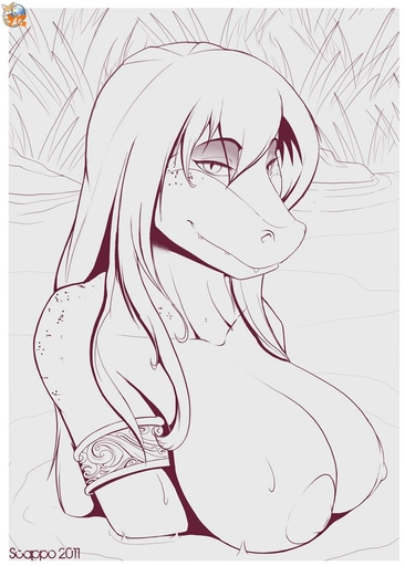 alligator alligatorid anthro big_breasts breasts bust_portrait conditional_dnp crocodilian female looking_at_viewer nipples non-mammal_breasts outside portrait reptile scalie scappo solo swamp wet // 786x1100 // 100.5KB