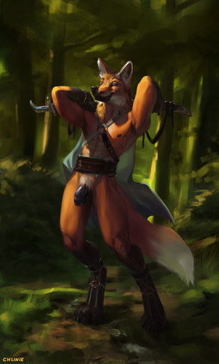 2017 abs anthro balls belt biceps biped black_body black_fur black_nose black_penis bracelet canid canine cape chunie claws clothing day detailed_background digital_media_(artwork) digital_painting_(artwork) digitigrade feet flaccid fluffy fluffy_tail foreskin forest fur genitals gloves_(marking) hi_res holding_object holding_sword holding_weapon humanoid_genitalia humanoid_penis jewelry leg_markings longfox_(chunie) looking_aside looking_at_viewer male mammal maned_wolf markings melee_weapon mostly_nude multicolored_body multicolored_fur muscular muscular_anthro muscular_male nipples no_sclera orange_body orange_fur outside paws pecs penis plant pubes scabbard shaded sheathed_sword shrub signature smile snout socks_(marking) soft_shading solo standing sword toe_claws toes tree water weapon white_body white_fur // 770x1280 // 387.3KB