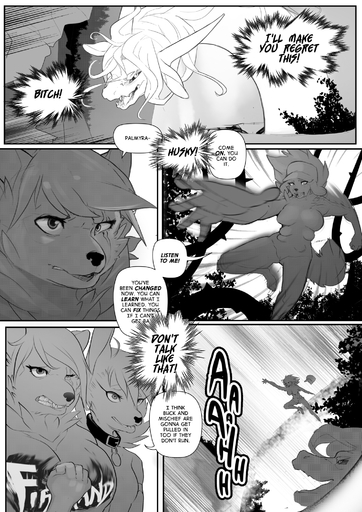 2018 6_breasts anthro breasts canid canine canis clothing comic corablue digital_media_(artwork) domestic_dog english_text female fight greyscale group hat headgear headwear hi_res magic_user mammal monochrome multi_breast nude portal scalie speech_bubble text witch // 1414x2000 // 1.2MB