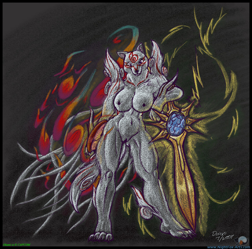 2007 amaterasu anthro anthrofied big_breasts breasts canid canine canis capcom colored deity female fur genitals mammal markings melee_weapon nikkyvix nipples nude purple_nipples purple_pussy pussy shiranui solo sword tattoo video_games weapon white_body white_fur wolf ōkami // 970x959 // 351.4KB