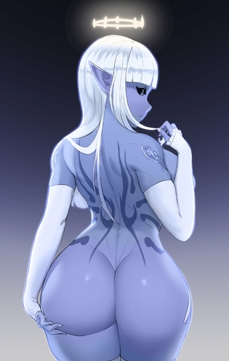 absurd_res angel back_tattoo big_breasts big_butt breasts butt elf female halo hi_res humanoid humanoid_pointy_ears not_furry nude popogori solo thick_thighs wide_hips // 1912x3000 // 274.0KB