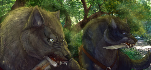 araivis-edelveys black_hair black_lips black_nose blood bodily_fluids canid canine canis day detailed_background duo feral hair holding_object holding_weapon knife light lips male mammal outside pale_eyes plant sunlight teeth tree weapon white_eyes wolf // 1500x700 // 991.9KB