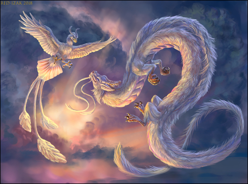 2018 3_tails avian black_border border claws cloud digital_media_(artwork) dragon eastern_dragon feathered_wings feathers feral flying fur multi_tail mythological_avian mythological_firebird paws phoenix red-izak scalie sunset white_body white_feathers white_fur wings // 1004x746 // 949.6KB