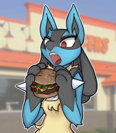 absurd_res anthro black_hair blue_body burger eating food hair hi_res hooters loppifi lucario multicolored_body nintendo pokemon pokemon_(species) red_eyes solo video_games yellow_body // 2623x3000 // 445.9KB